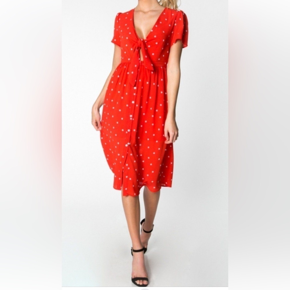 Everly~NWOT~Orange/White Polka Dot Crepe~Peek-A-Boo Front Tie~Midi Dress~Size M
